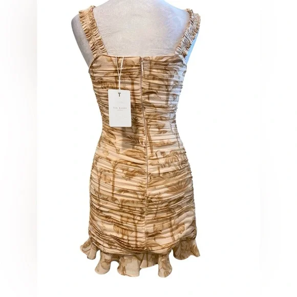 NWT Ted Baker Ruched Mini Dress Sz0 Pink Palm Tree Floral Print Ruffl,Sleeveless - Picture 6 of 9